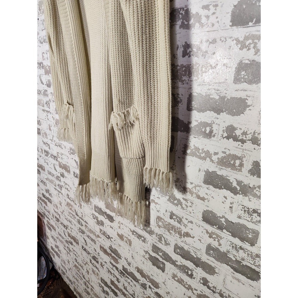 Boho Western Cardigan Beige Fringe Size Small Open Chunky Pockets - Picture 7 of 16